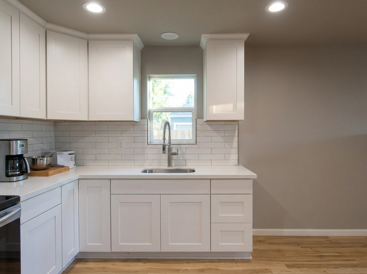 ADU kitchen with white shaker cabinets and subway tile