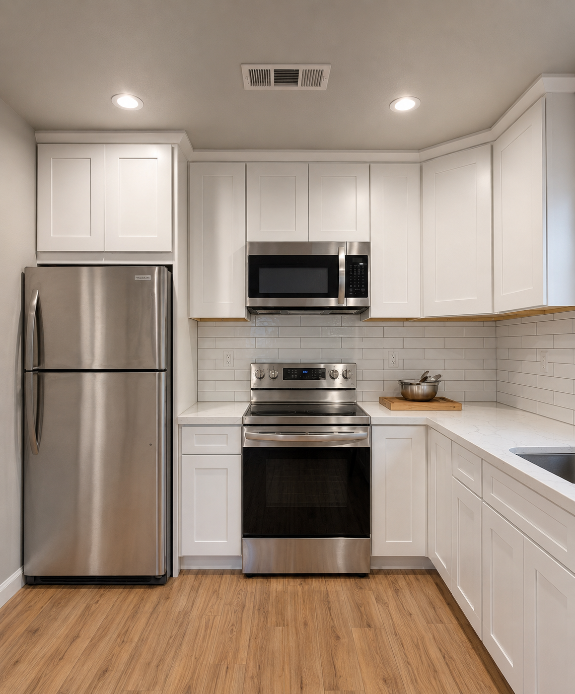 ADU kitchen with stainless range and microwave