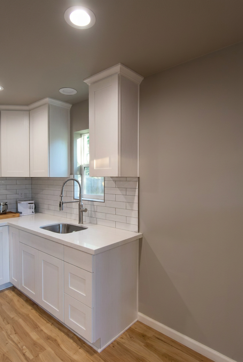ADU kitchen corner with window and white cabinets