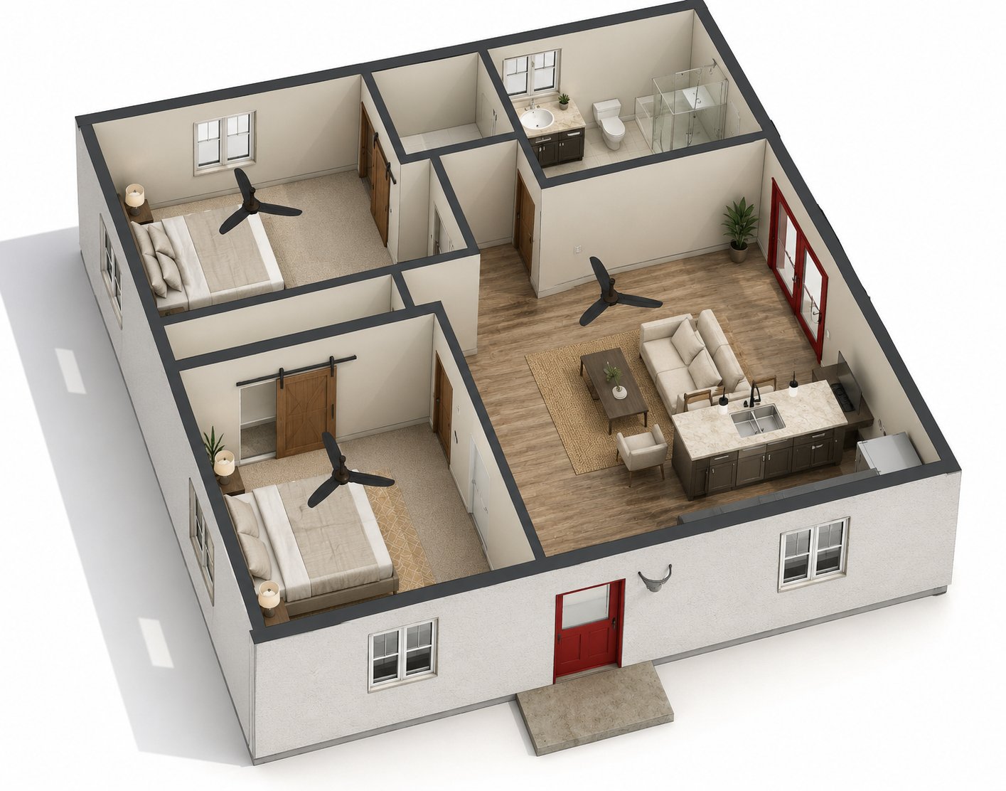 2-bedroom: Modern Layout — 748 sq ft 3D floor plan